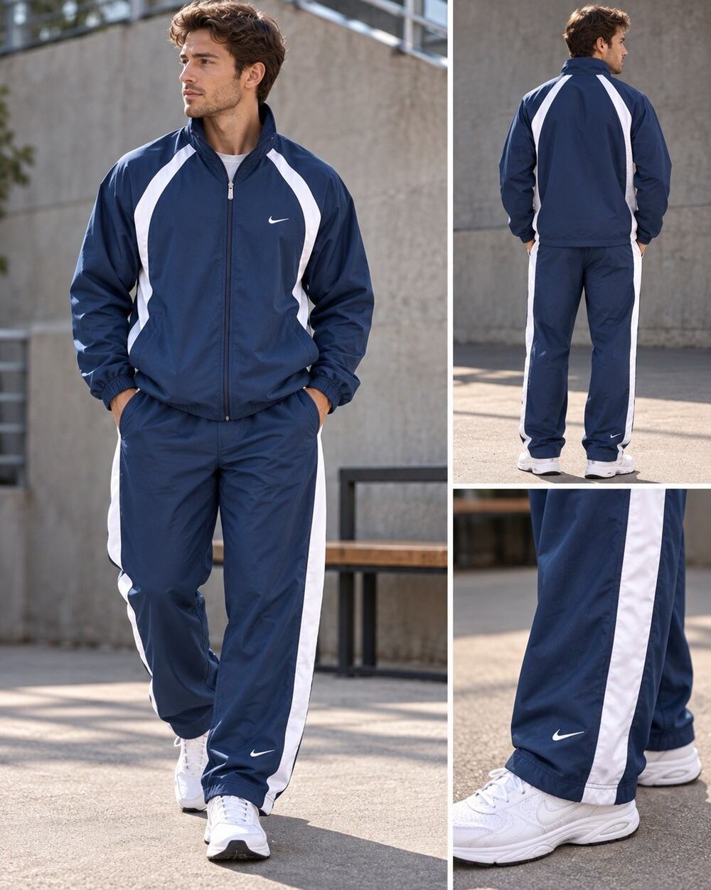 Vintage Nike Tracksuit Mens Large Blue White Full Zip Jacket Pants Y2K Swoosh